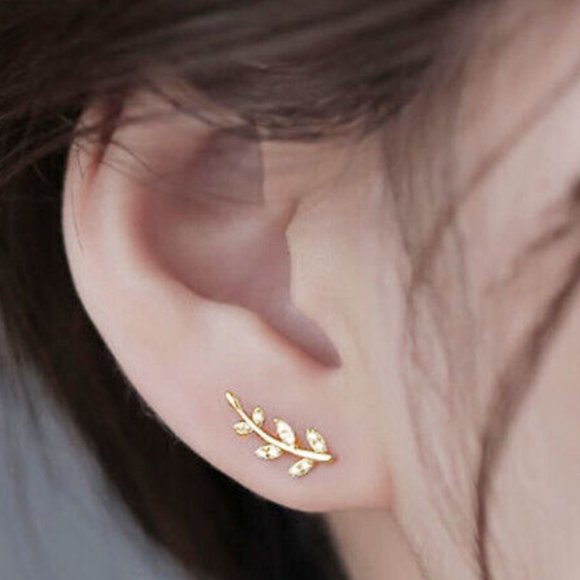 New 18k Gold Over Silver Sim. Diamonds Branch Studs - Picture 3 of 4